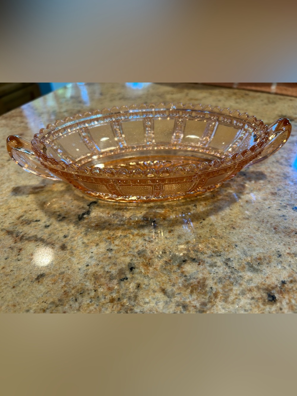 Indiana Glass Windsor “Peach Ballad”Pressed Glass Scalloped Handled Dip Dish